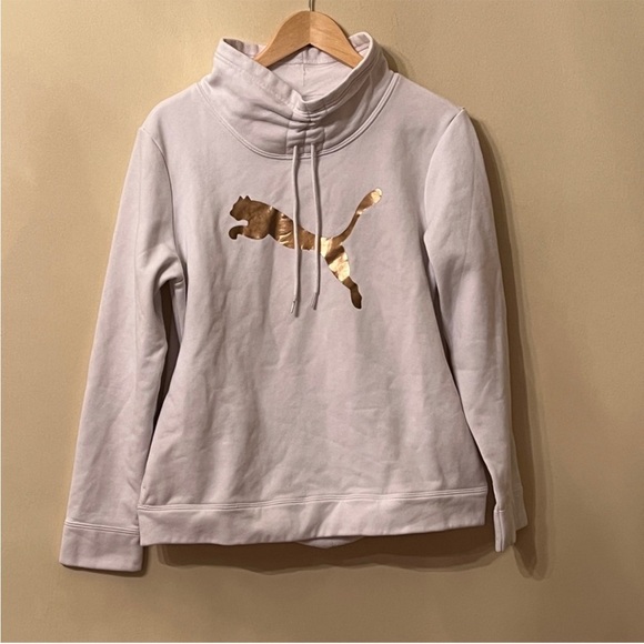 WOMENS LARGE PUMA GOLD LOGO COWL NECK HOODIE SWEATSHIRT - Picture 1 of 5